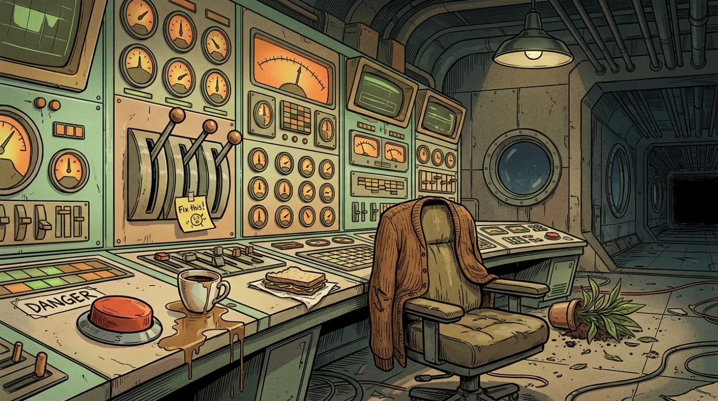 A vast unattended retro-futurist control room: walls of dials and levers, a coffee cup spilled over a big red button, a half-eaten sandwich on the console and a cardigan over an empty chair.
