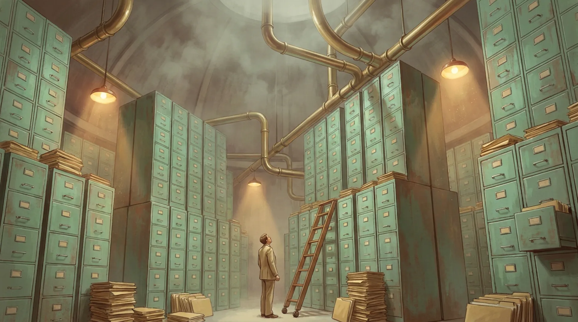 An endless retro-futurist records hall: canyons of mint-green filing cabinets vanish into fog under brass pneumatic tubes, and one tiny clerk on a rolling ladder looks completely lost.