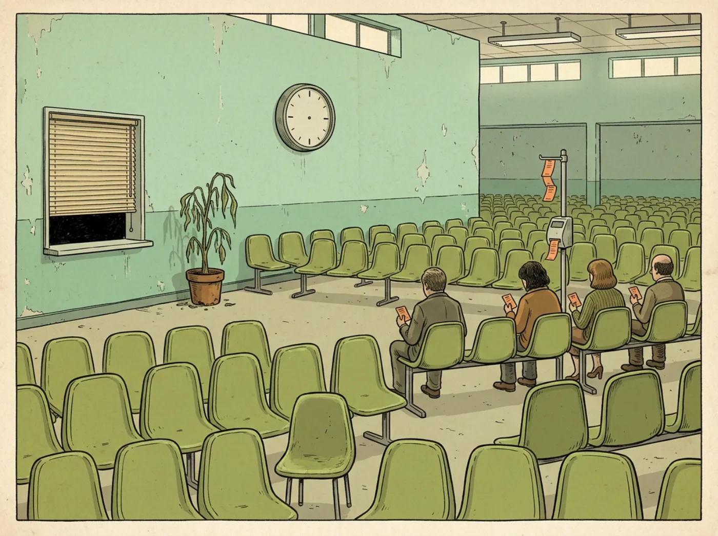 A vast mint-green waiting room with hundreds of identical plastic chairs, a few patient people seen from behind holding tickets, a wilting plant, a wall clock with no hands and a service window with the blind pulled down.